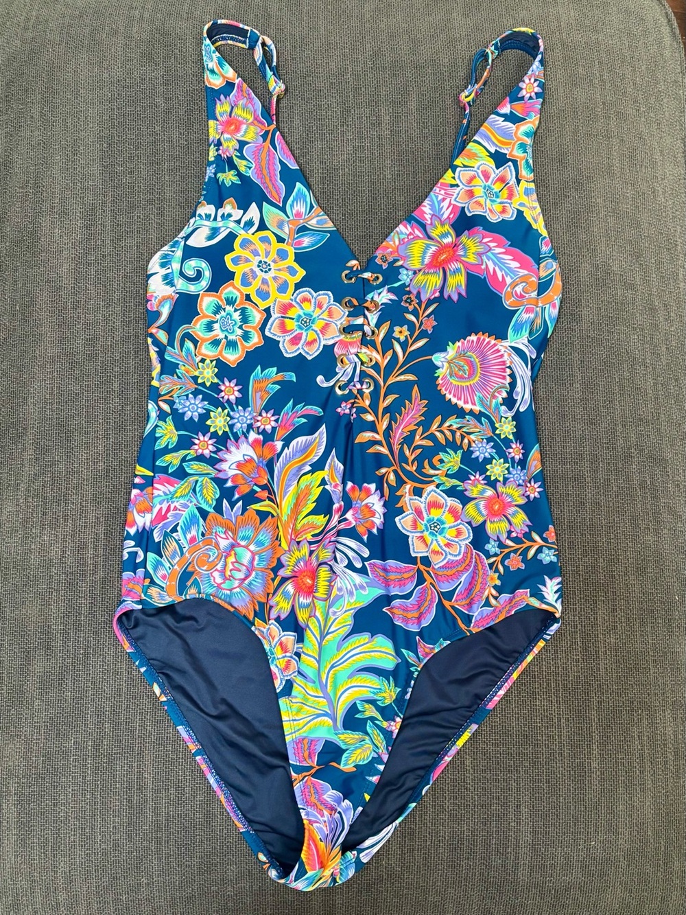 BCBGMaxAzria Navy Floral Lace-Up One-Piece Swimsuit